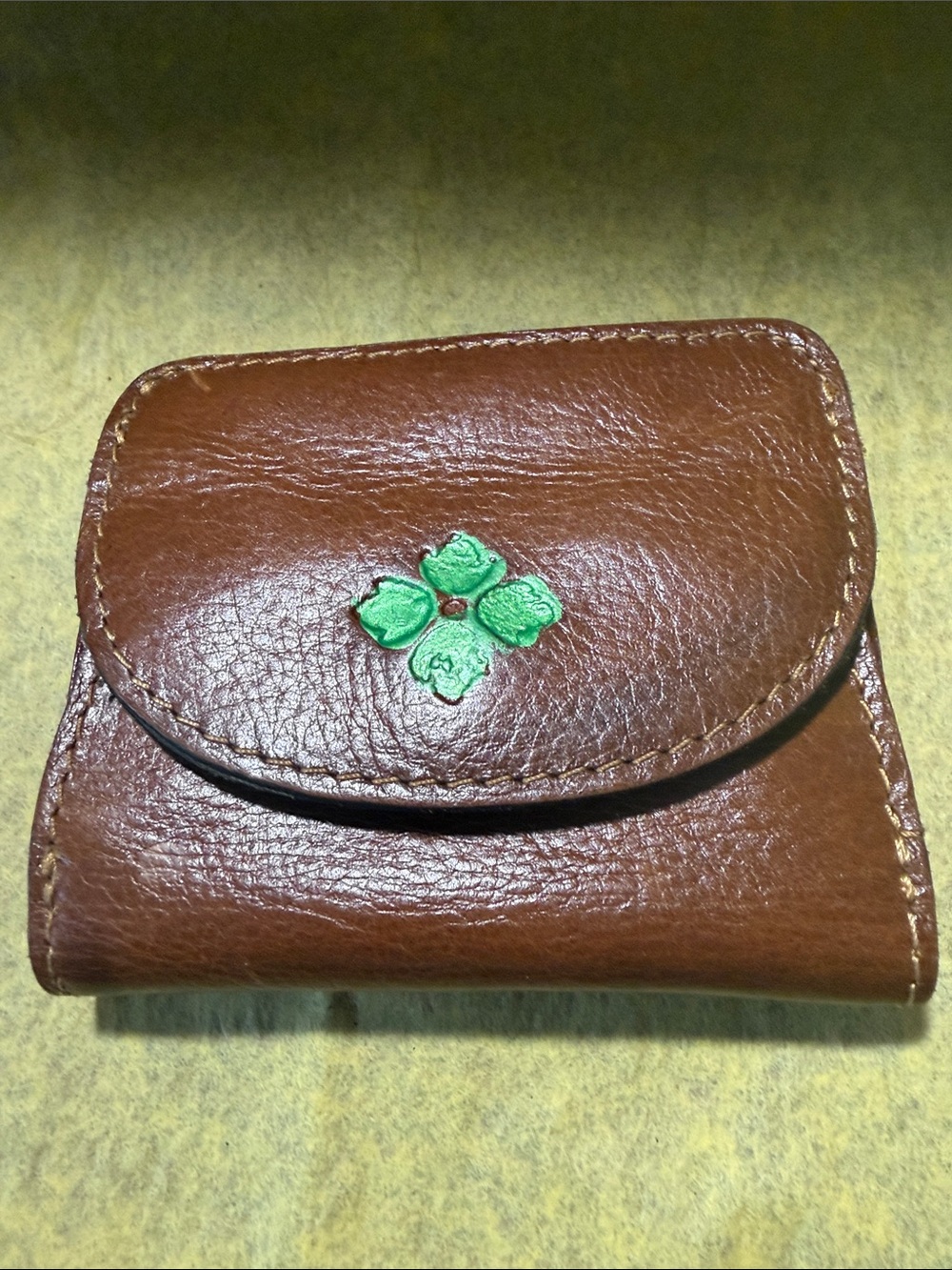 Patricia Nash Canelli Brown Leather Wallet with Green Clover Accent